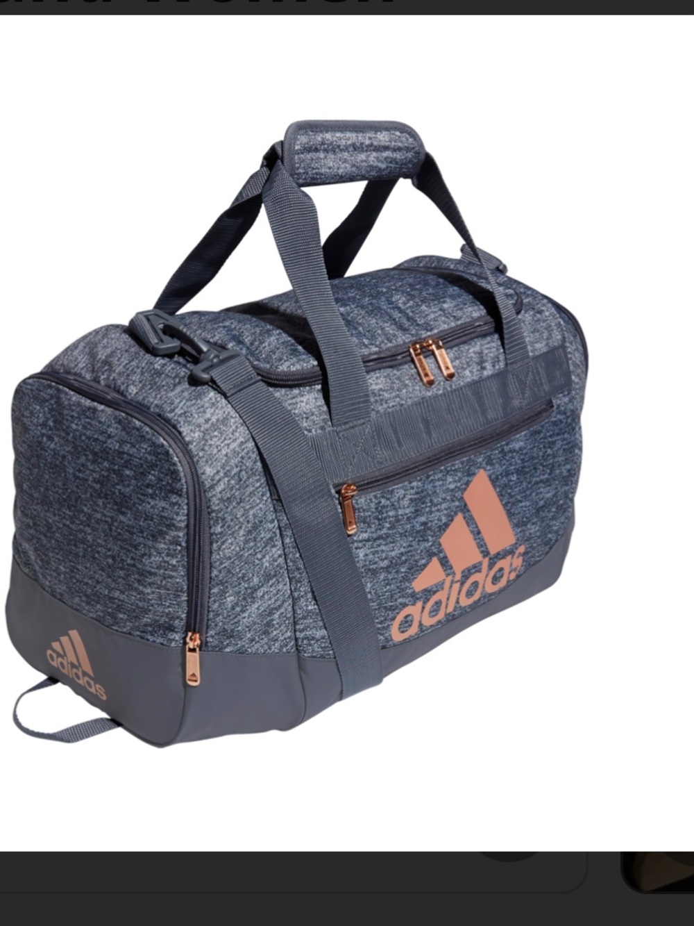 NWT adidas defender Gray Heather Duffel Bag with Rose Gold Accents